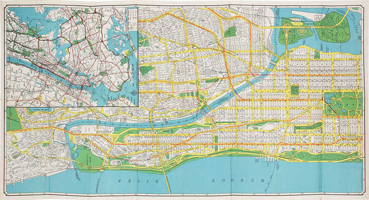 [Карта Нью-Йорка. Справочник номеров домов, метро, наземного транспорта]. Hagstrom`s map of New York City. Contents: House number guide, subway, elevated street cars. New York: Published by Hagstrom Company, 1945.